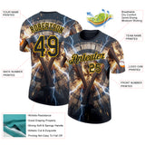 Custom Blue Black-Yellow Axe Throwing Lightning Performance T-Shirt