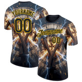 Custom Blue Black-Yellow Axe Throwing Lightning Performance T-Shirt
