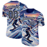 Custom Blue Black-White Snow Mountain Skiing Performance T-Shirt