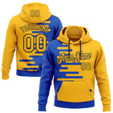 Custom Stitched Gold Thunder Blue-Black Color Block Split Speed Stripes Pullover Sweatshirt Hoodie