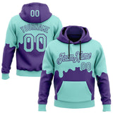 Custom Stitched Ice Blue Purple-Black Color Block Dripping Paint Pullover Sweatshirt Hoodie