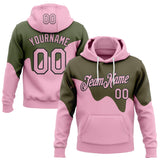 Custom Stitched Light Pink Olive Black-White Color Block Dripping Paint Pullover Sweatshirt Hoodie