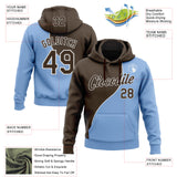 Custom Stitched Brown Light Blue-White Color Block Split Diagonal Cut Pullover Sweatshirt Hoodie