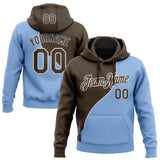 Custom Stitched Brown Light Blue-White Color Block Split Diagonal Cut Pullover Sweatshirt Hoodie