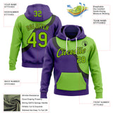 Custom Stitched Purple Neon Green Black-White Color Block Split Curved Diagonal Cut Pullover Sweatshirt Hoodie