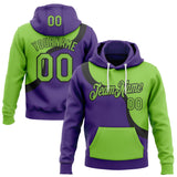 Custom Stitched Purple Neon Green Black-White Color Block Split Curved Diagonal Cut Pullover Sweatshirt Hoodie