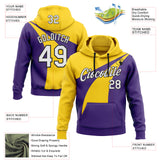 Custom Stitched Purple White Yellow-Black Color Block Split Sharp Curve Pullover Sweatshirt Hoodie