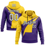 Custom Stitched Purple White Yellow-Black Color Block Split Sharp Curve Pullover Sweatshirt Hoodie