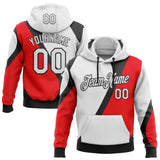 Custom Stitched White Fire Red-Black Color Block Geometric Split Pullover Sweatshirt Hoodie