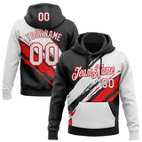 Custom Stitched Black White-Fire Red Color Block Split Brush Stroke Pullover Sweatshirt Hoodie