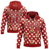 Custom Red White-Black Christmas Reindeer Plaid Snowflakes Pullover Sweatshirt Hoodie