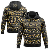 Custom Black Cream-Old Gold Christmas Tree Fair Isle Reindeer Pullover Sweatshirt Hoodie