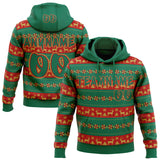 Custom Kelly Green Red-Old Gold Christmas Tree Fair Isle Reindeer Pullover Sweatshirt Hoodie