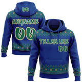 Custom Royal Kelly Green Old Gold-White Christmas Tree Fair Isle Snowflakes Pullover Sweatshirt Hoodie