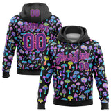 Custom Stitched Black Purple-Pink Magic Mushrooms Psychedelic Hallucination 3D Pattern Pullover Sweatshirt Hoodie