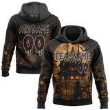 Custom Black Brown-White Spooky Halloween Haunted House Bats Pullover Sweatshirt Hoodie