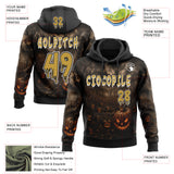 Custom Black Old Gold-White Spooky Halloween Evil Pumpkins Pullover Sweatshirt Hoodie