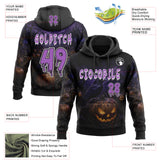 Custom Black Medium Purple-White Halloween Gothic Raven And Evil Pumpkin Pullover Sweatshirt Hoodie