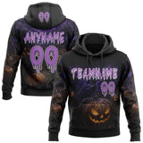 Custom Black Medium Purple-White Halloween Gothic Raven And Evil Pumpkin Pullover Sweatshirt Hoodie