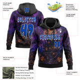Custom Black Thunder Blue Purple-White Spooky Halloween Haunted House Bats Pullover Sweatshirt Hoodie