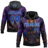 Custom Black Thunder Blue Purple-White Spooky Halloween Haunted House Bats Pullover Sweatshirt Hoodie