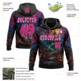 Custom Black Hot Pink-White Spooky Halloween Haunted House Bats Pullover Sweatshirt Hoodie