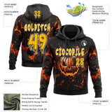 Custom Black Gold Orange-White Halloween Flaming Pumpkin Splatter Pullover Sweatshirt Hoodie