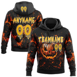 Custom Black Gold Orange-White Halloween Flaming Pumpkin Splatter Pullover Sweatshirt Hoodie