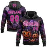 Custom Black Deep Pink Purple-White Spooky Halloween Evil Pumpkin & Candy Pullover Sweatshirt Hoodie