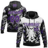 Custom Black Purple-White Spooky Halloween Ghost Splatter Pullover Sweatshirt Hoodie