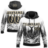 Custom  White Black-Old Gold Christmas Reindeer Pine Forest Pullover Sweatshirt Hoodie