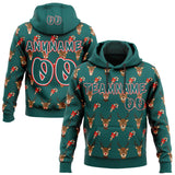 Custom  Midnight Green White-Fire Red Christmas Reindeer & Candy Cane Pullover Sweatshirt Hoodie