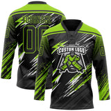 Custom Black Neon Green Gray-White Diagonal Grunge Brush Stroke Halftone Lace Neck Hockey Jersey