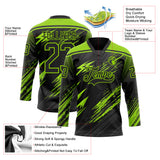 Custom Black Neon Green Gray-White Diagonal Grunge Brush Stroke Halftone Lace Neck Hockey Jersey
