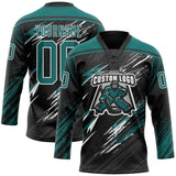 Custom Black Teal Gray-White Diagonal Grunge Brush Stroke Halftone Lace Neck Hockey Jersey