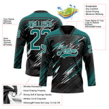 Custom Black Teal Gray-White Diagonal Grunge Brush Stroke Halftone Lace Neck Hockey Jersey