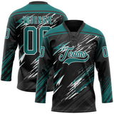 Custom Black Teal Gray-White Diagonal Grunge Brush Stroke Halftone Lace Neck Hockey Jersey