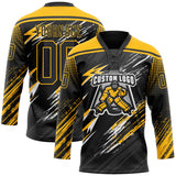 Custom Black Gold Gray-White Diagonal Grunge Brush Stroke Halftone Lace Neck Hockey Jersey