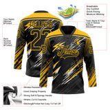 Custom Black Gold Gray-White Diagonal Grunge Brush Stroke Halftone Lace Neck Hockey Jersey