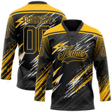 Custom Black Gold Gray-White Diagonal Grunge Brush Stroke Halftone Lace Neck Hockey Jersey