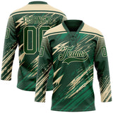 Custom Green Cream-Vegas Gold Diagonal Grunge Brush Stroke Halftone Lace Neck Hockey Jersey