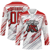 Custom White Red Gray-Black Diagonal Grunge Brush Stroke Halftone Lace Neck Hockey Jersey
