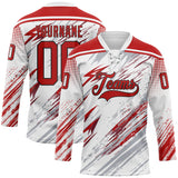 Custom White Red Gray-Black Diagonal Grunge Brush Stroke Halftone Lace Neck Hockey Jersey