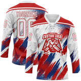 Custom White Red US Navy Blue-Gray Diagonal Grunge Brush Stroke Halftone Lace Neck Hockey Jersey