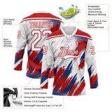 Custom White Red US Navy Blue-Gray Diagonal Grunge Brush Stroke Halftone Lace Neck Hockey Jersey