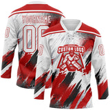 Custom White Red Black-Gray Diagonal Grunge Brush Stroke Halftone Lace Neck Hockey Jersey