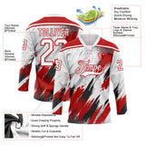 Custom White Red Black-Gray Diagonal Grunge Brush Stroke Halftone Lace Neck Hockey Jersey