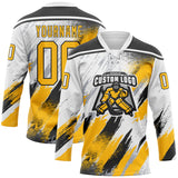 Custom White Gold Black-Gray Diagonal Grunge Brush Stroke Halftone Lace Neck Hockey Jersey
