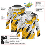 Custom White Gold Black-Gray Diagonal Grunge Brush Stroke Halftone Lace Neck Hockey Jersey
