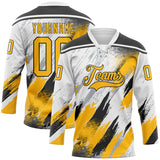 Custom White Gold Black-Gray Diagonal Grunge Brush Stroke Halftone Lace Neck Hockey Jersey